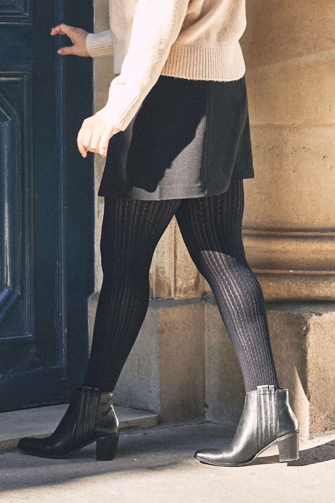 Collant opaque 200D Chaud Maille Torsadée Allure d'Hiver - Noir ébène - Image 3